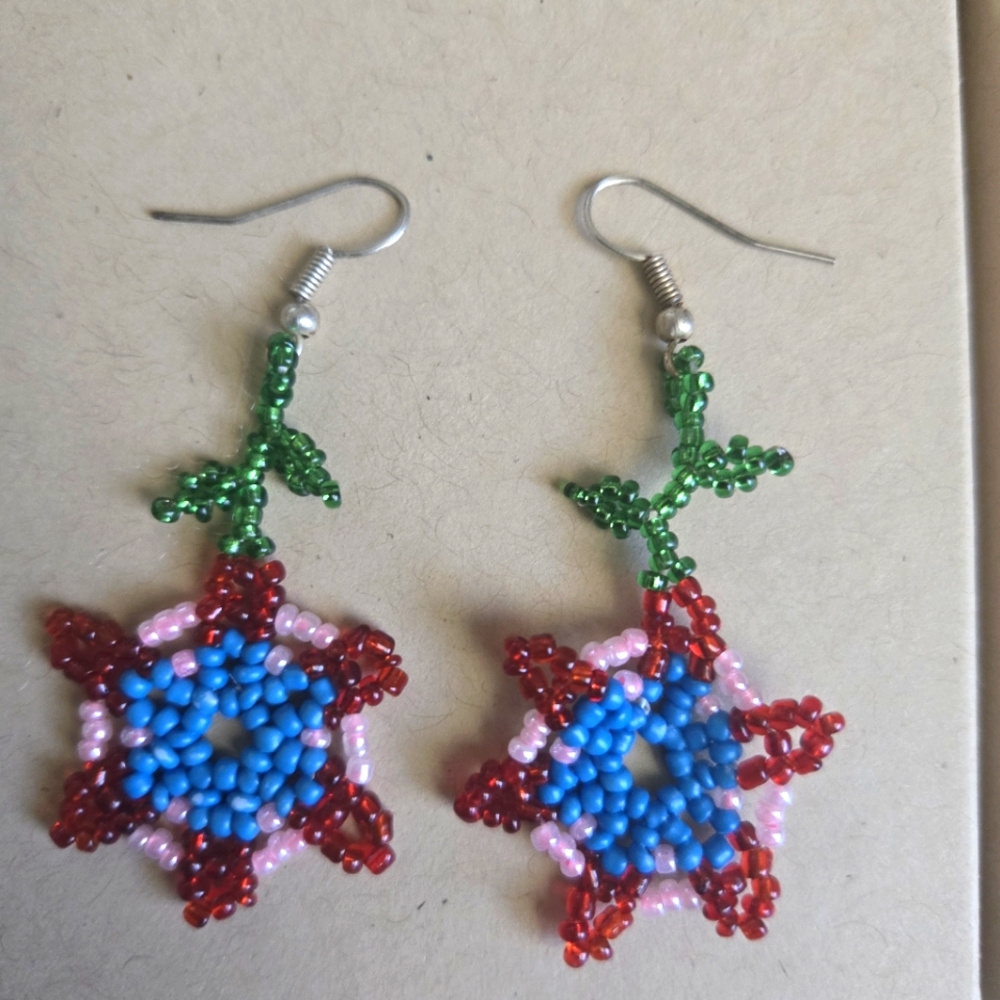 Red and Pink Floral Dangle Earrings with Crystals